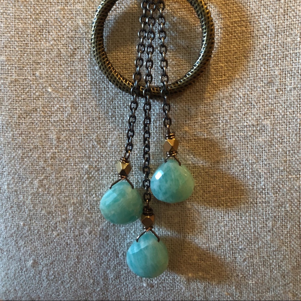 “Rainy Sky” Genuine Amazonite/ Brass Long Necklace